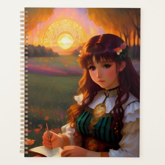 Schattigee Sad Anime Style Vrouw in Meadow bij zon Planner (Voorkant)