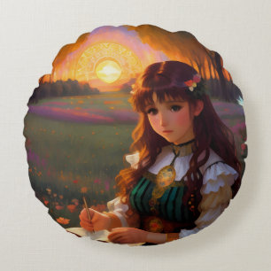 Schattigee Sad Anime Style Vrouw in Meadow bij zon Rond Kussen