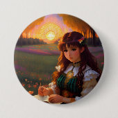 Schattigee Sad Anime Style Vrouw in Meadow bij zon Ronde Button 7,6 Cm (Voorkant)