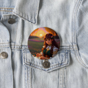 Schattigee Sad Anime Style Vrouw in Meadow bij zon Ronde Button 7,6 Cm