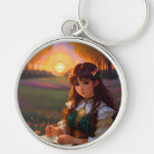 Schattigee Sad Anime Style Vrouw in Meadow bij zon Sleutelhanger (Voorkant)