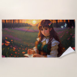 Schattigee Sad Anime Style Vrouw in Meadow bij zon Strandlaken