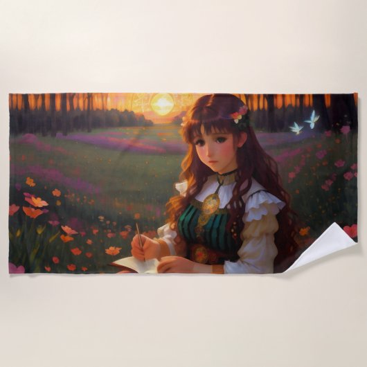 Schattigee Sad Anime Style Vrouw in Meadow bij zon Strandlaken (Voorkant)
