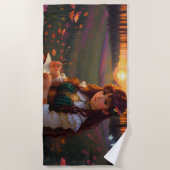 Schattigee Sad Anime Style Vrouw in Meadow bij zon Strandlaken (Voorkant)