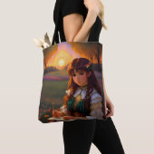 Schattigee Sad Anime Style Vrouw in Meadow bij zon Tote Bag (Dichtbij)