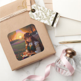 Schattigee Sad Anime Style Vrouw in Meadow bij zon Vierkante Sticker