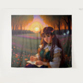 Schattigee Sad Anime Style Vrouw in Meadow bij zon Wandkleed (Voorkant (horizontaal))