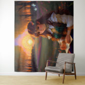 Schattigee Sad Anime Style Vrouw in Meadow bij zon Wandkleed (In situ)