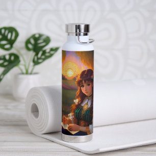 Schattigee Sad Anime Style Vrouw in Meadow bij zon Waterfles