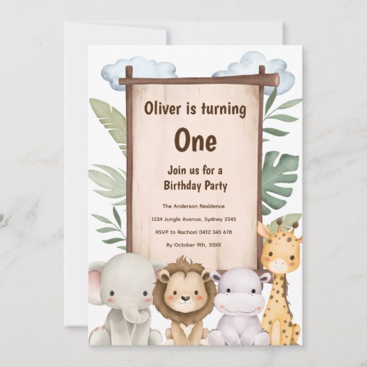 Schattigee Safari Baby Animals Verjaardagsuitnodig Kaart (Voorkant)