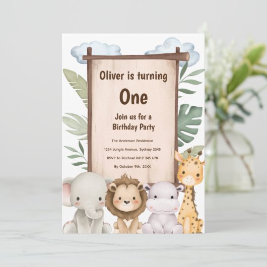 Schattigee Safari Baby Animals Verjaardagsuitnodig Kaart (Staand voorkant)