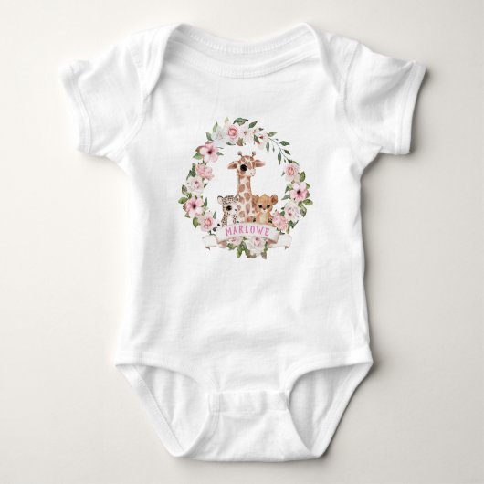 Schattigee Safari Baby Dieren Roze Rose Bloemen Romper (Voorkant)
