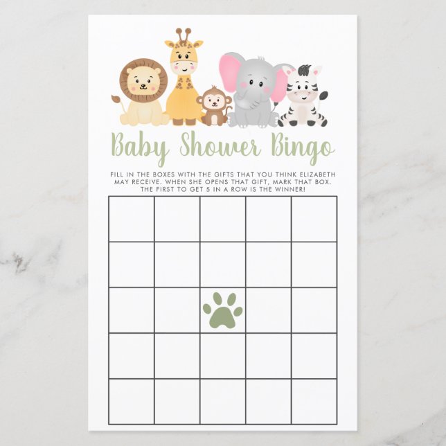 Schattigee Safari Dieren Baby shower Bingo spel (Voorkant)