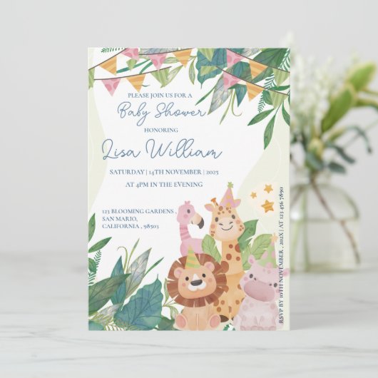 Schattigee Safari Dieren Groene Blad Thema Baby sh Kaart (Staand voorkant)