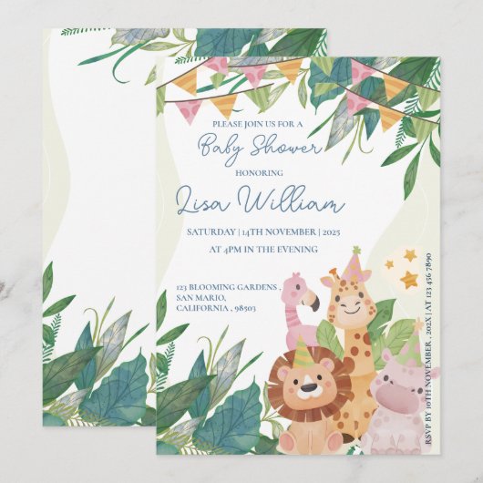 Schattigee Safari Dieren Groene Blad Thema Baby sh Kaart (Voorkant / Achterkant)