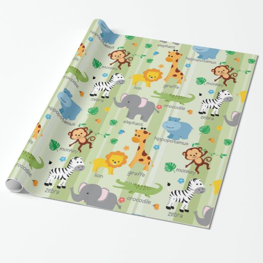 Schattigee Safari Dieren Kwekerij Patroon Cadeaupapier (Uitgerold)