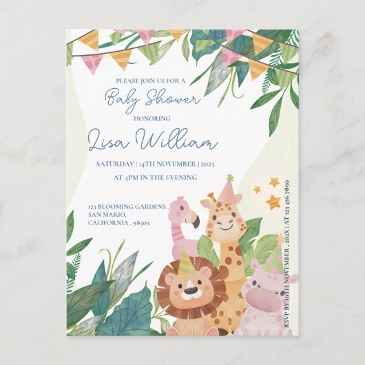 Schattigee Safari Dieren Leafy Baby shower Invitat Briefkaart (Voorkant)