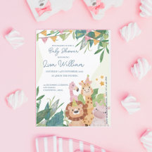 Schattigee Safari Dieren Leafy Baby shower Invitat