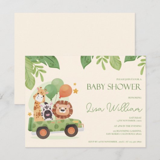 Schattigee Safari Dieren Leafy Baby shower Invitat Briefkaart (Voorkant / Achterkant)
