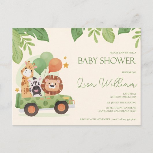 Schattigee Safari Dieren Leafy Baby shower Invitat Briefkaart (Voorkant)
