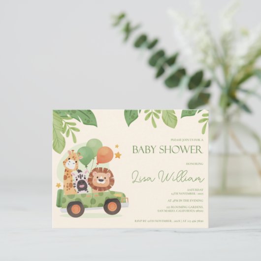 Schattigee Safari Dieren Leafy Baby shower Invitat Briefkaart (Staand voorkant)