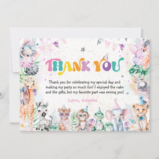 Schattigee Safari Dieren Verjaardagsfeestje Dank j Bedankkaart (Voorkant)