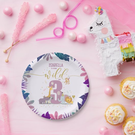 Schattigee Safari Dieren Young Wild & 3 Meisjes Ve Papieren Bordje (Feest)