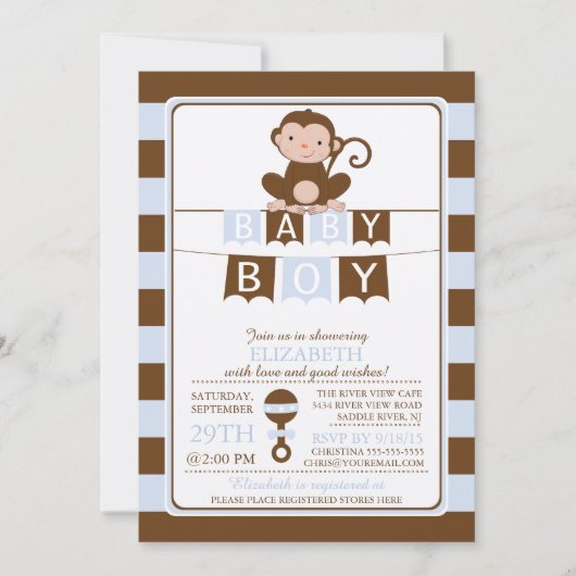 Schattigee Safari Monkey Boys Baby shower Uitnodig Kaart (Voorkant)