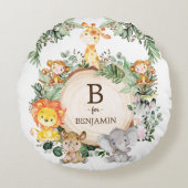 Schattigee Safari Oerwoud Dieren Monogram Baby kwe Rond Kussen (Voorkant)