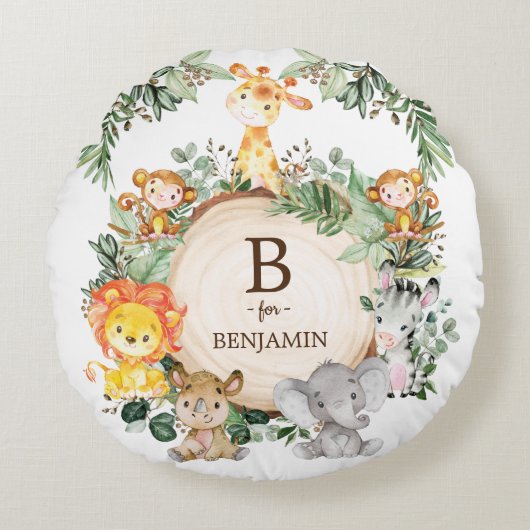 Schattigee Safari Oerwoud Dieren Monogram Baby kwe Rond Kussen (Voorkant)