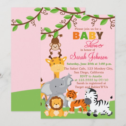 Schattigee Safari Oerwoud Meisje Baby shower Uitno Kaart (Voorkant / Achterkant)