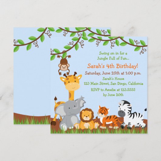 Schattigee Safari Oerwoud Verjaardagsfeestuitnodig Kaart (Voorkant / Achterkant)