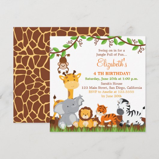 Schattigee Safari Oerwoud Verjaardagsfeestuitnodig Kaart (Voorkant / Achterkant)