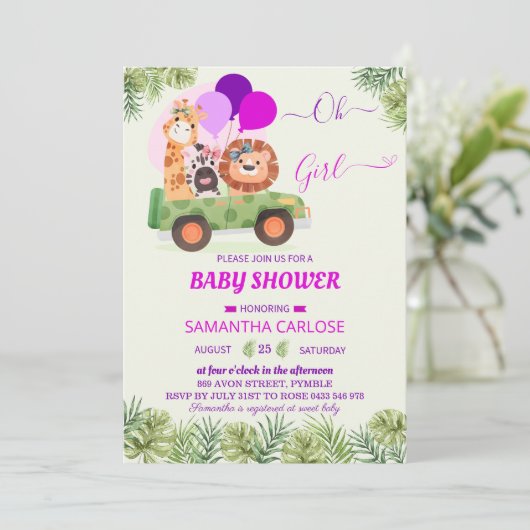 Schattigee Safari Oerwoud Zoo meisje Baby shower Kaart (Staand voorkant)