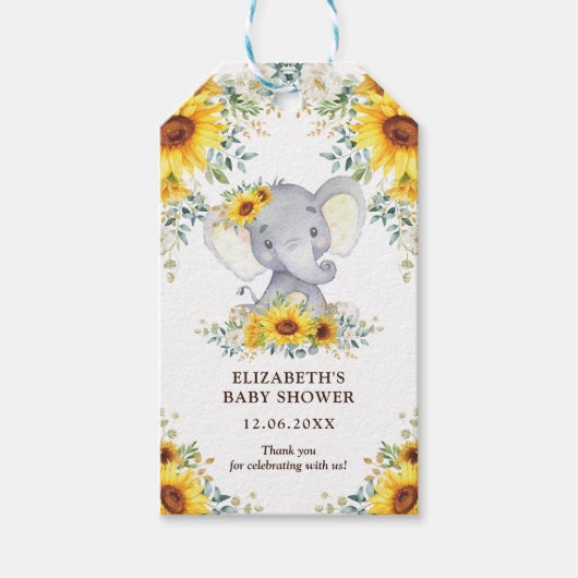 Schattigee Safari Olifant Zonnebloemen Baby shower Cadeaulabel (Voorkant)
