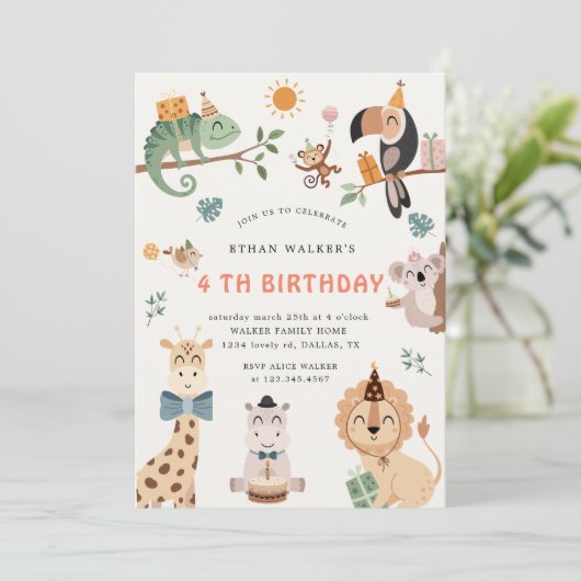 Schattigee Safari Party Animals Kids Verjaardagsui Kaart (Staand voorkant)