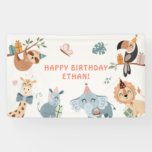 Schattigee Safari Party Dieren Kinderen Verjaardag Spandoek (Horizontaal)