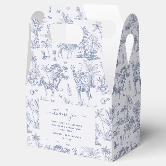 Schattigee Safari Toile de Jouy | Blauw Baby showe Bedankdoosjes (Geopend)