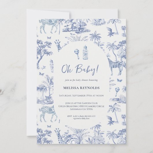 Schattigee Safari Toile de Jouy | Blauw Baby showe Kaart (Voorkant)