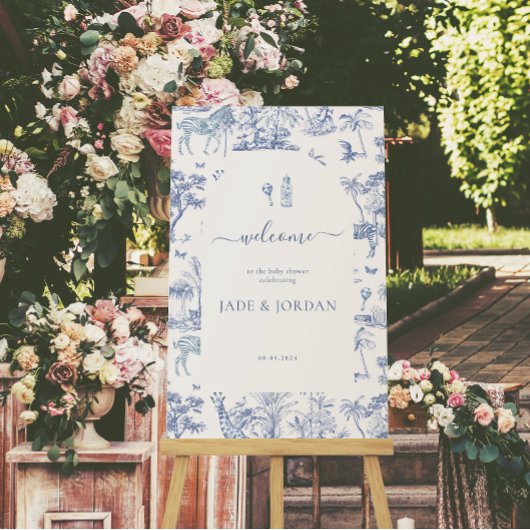 Schattigee Safari Toile de Jouy | Blauw Baby showe Poster