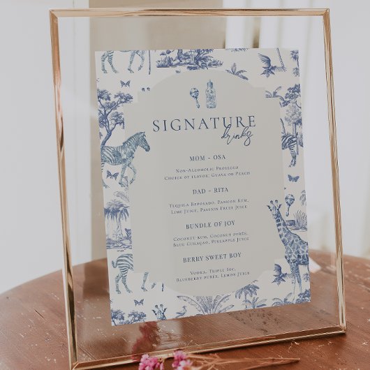 Schattigee Safari Toile de Jouy | Blauw Baby showe Poster