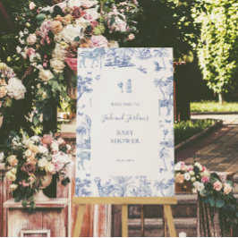 Schattigee Safari Toile de Jouy | Blauw Baby showe Poster