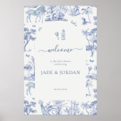 Schattigee Safari Toile de Jouy | Blauw Baby showe Poster (Voorkant)