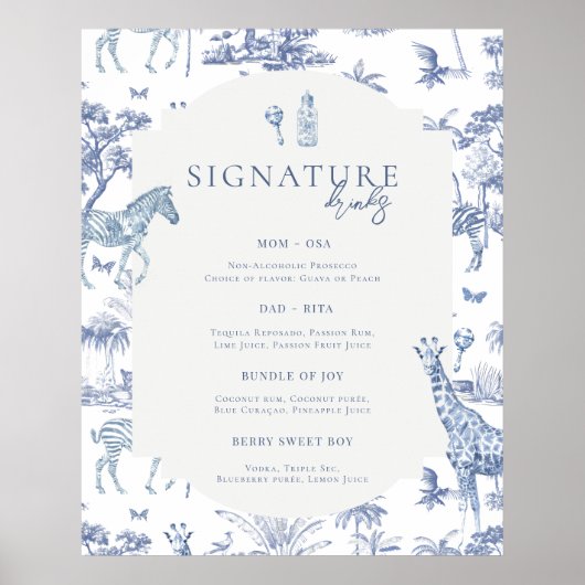 Schattigee Safari Toile de Jouy | Blauw Baby showe Poster (Voorkant)