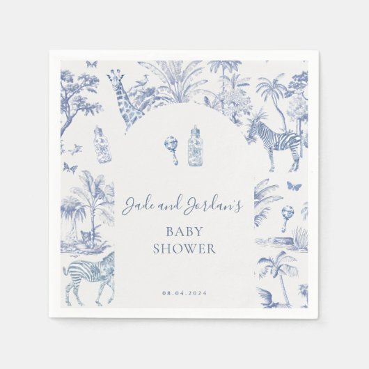 Schattigee Safari Toile de Jouy | Blauw Baby showe Servet (Voorkant)