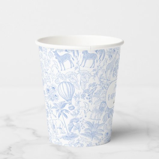 Schattigee Safari Toile de Jouy Blue Baby shower Papieren Bekers (Rechts)