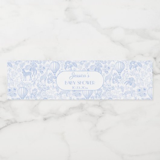 Schattigee Safari Toile de Jouy Boy Baby shower Fa Waterfles Etiket (Enkel label)