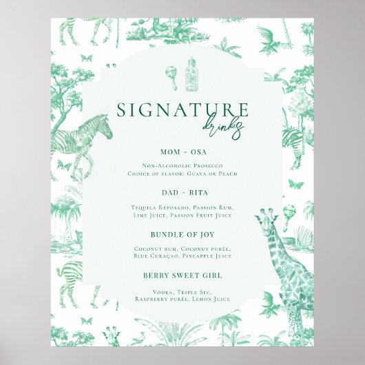 Schattigee Safari Toile de Jouy | Mint Baby shower Poster (Voorkant)