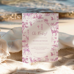 Schattigee Safari Toile de Jouy   Roze Baby shower Kaart