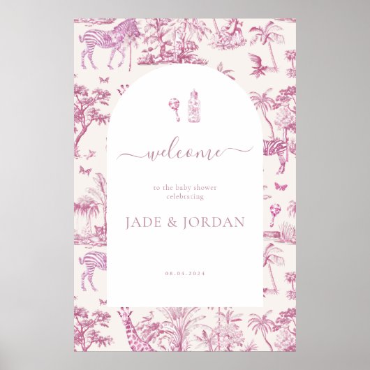 Schattigee Safari Toile de Jouy | Roze Baby shower Poster (Voorkant)